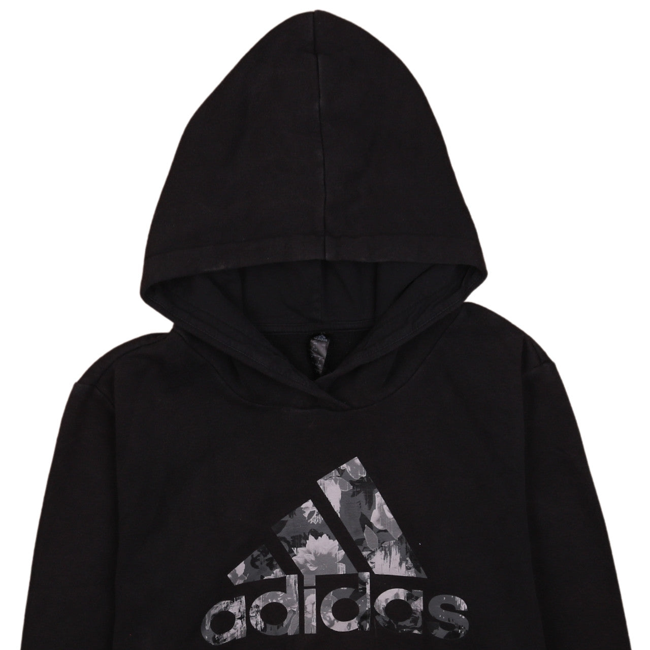 Brand and care label for Adidas Women's Black Pullover Hoodie, size L, 16-18 Logo Print Sportswear