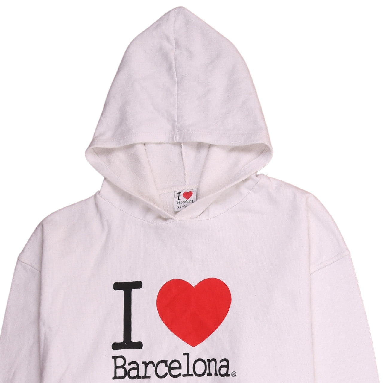 I Love Barcelona White Pullover Hoodie Men 2XL Graphic Print Fleece