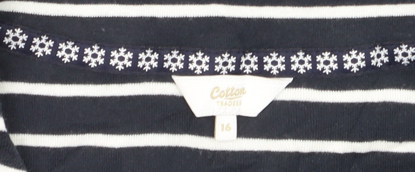 Cotton Traders Women Blue Striped Long Sleeve Cotton T-Shirt Size 16