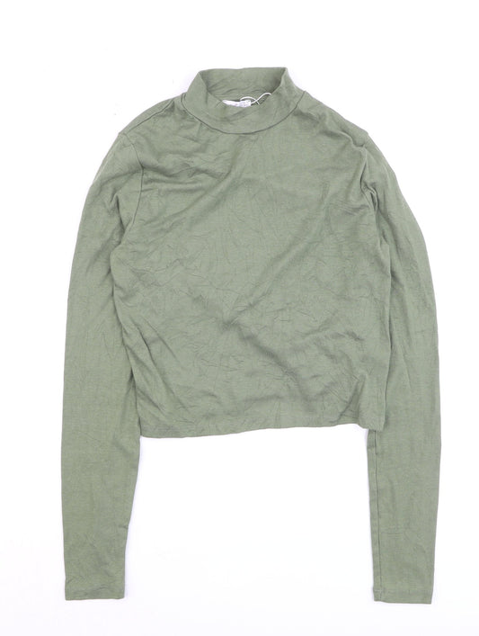 Bershka Women Green Cropped Mock Neck Long Sleeve Top L