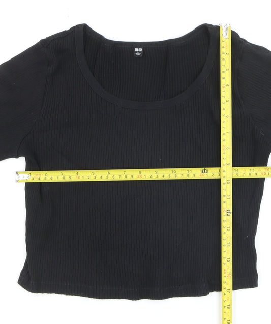 Uniqlo Women Black Ribbed Cotton Long Sleeve Pullover Jumper Size L