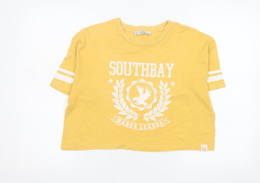Additional front view of Pull&Bear women’s yellow cropped t-shirt, size UK 10, relaxed fit