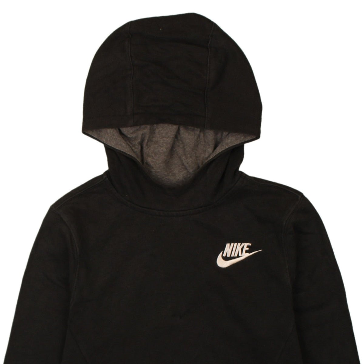Brand and care label for Nike boys’ black pullover hoodie l logo print cotton blend sweatshirt