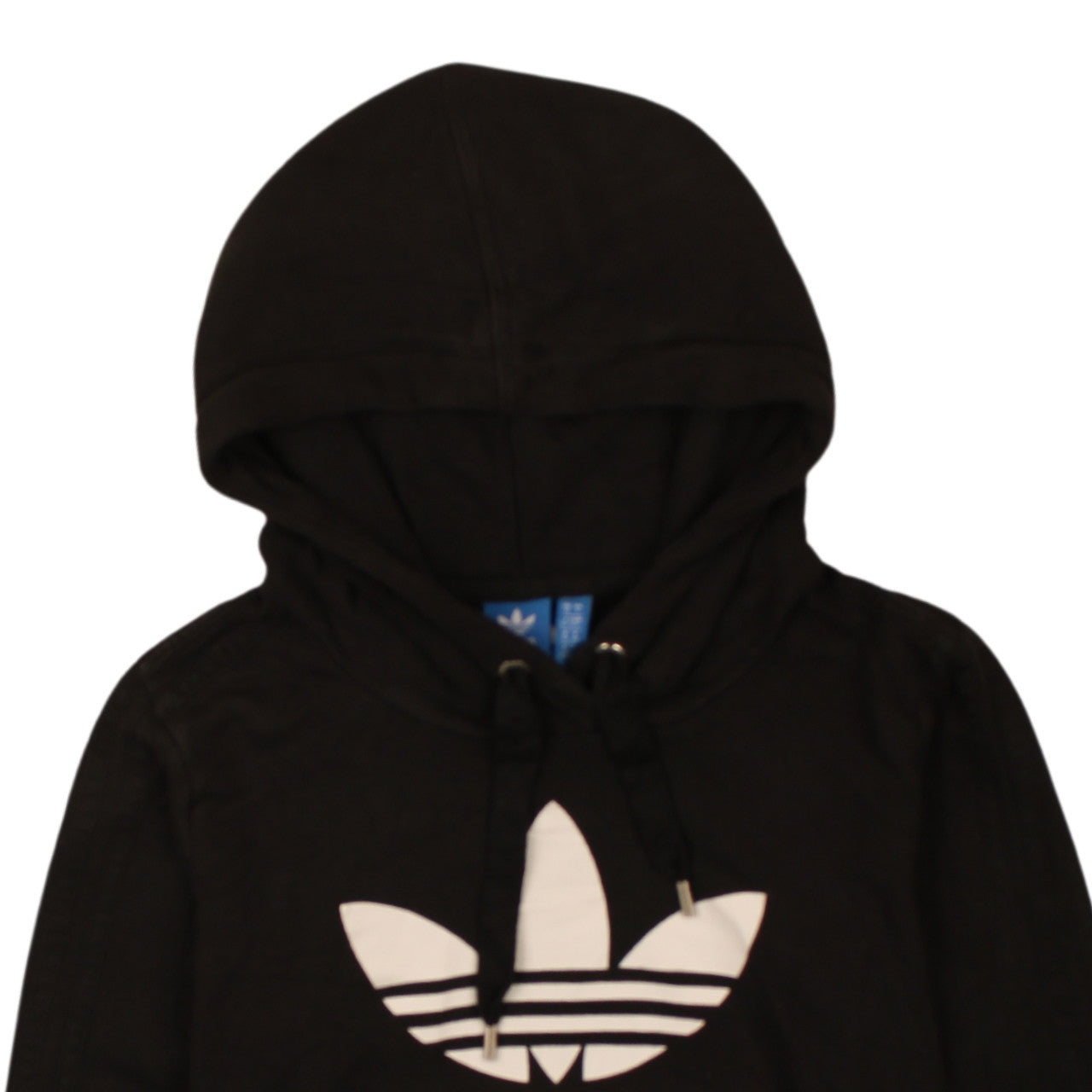 Brand and care label for Adidas women’s black uk 10 pullover hoodie with logo print