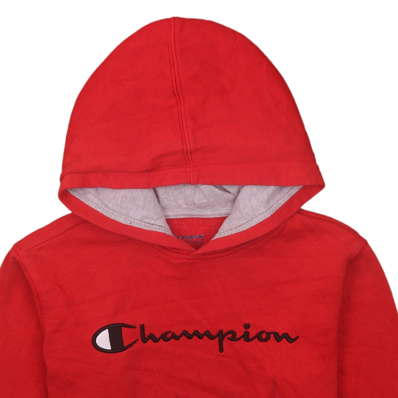 Brand and care label for Champion women’s red pullover hoodie, size L, hooded sweatshirt