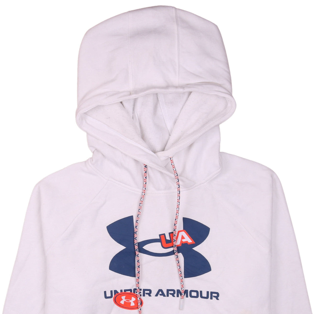 Brand and care label for Under Armour women’s white pullover hoodie, size L, loose fit ua logo