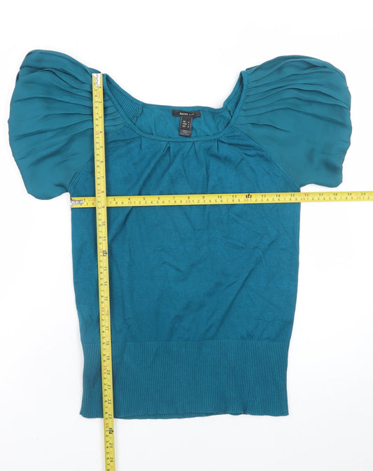 Mango Women Blue Puff Sleeve Knit Blouse Size 12