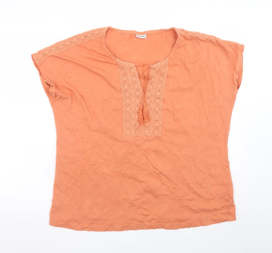 Additional front view of Damart Women Orange Cotton Crochet Trim Tunic Blouse, size L