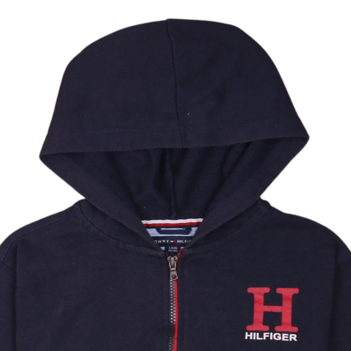 Brand and care label for Tommy Hilfiger boys’ blue full zip hoodie, size 16, years hooded sweatshirt