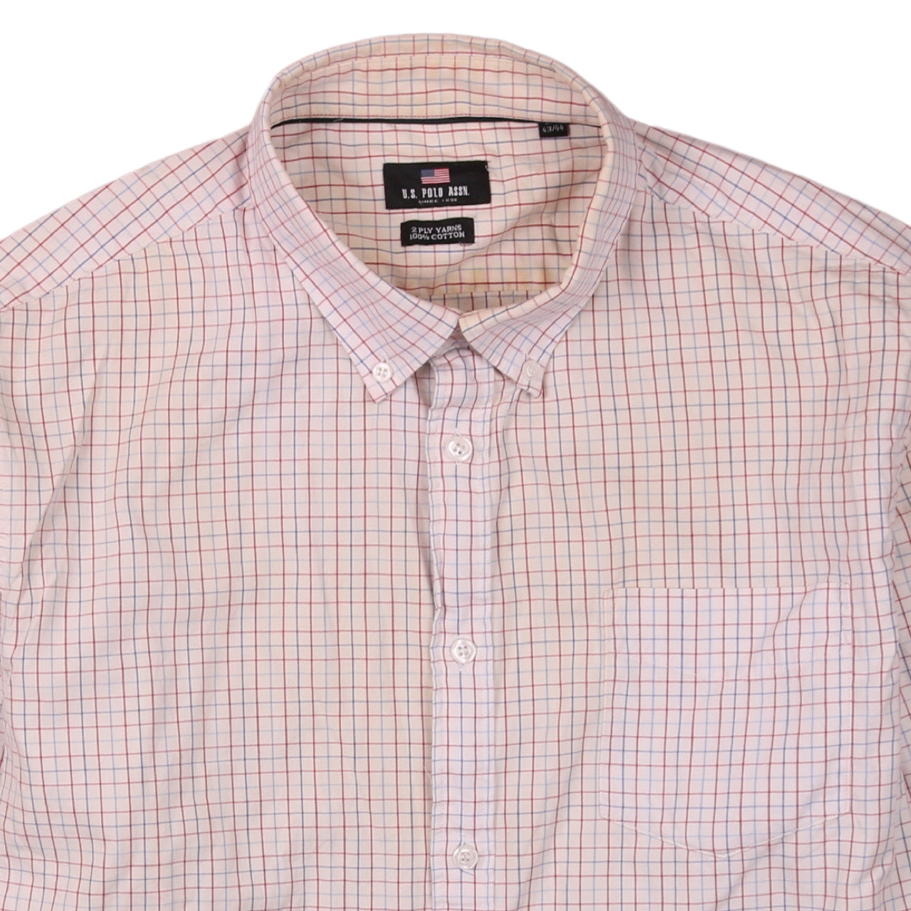 Brand and care label for U.S. Polo Assn. Men's Beige Check Button-Down Shirt, size 16.5