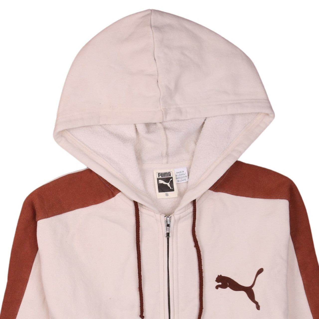 Brand and care label for Puma Women's Beige & Brown Full Zip Hoodie, size S, Casual Sportswear