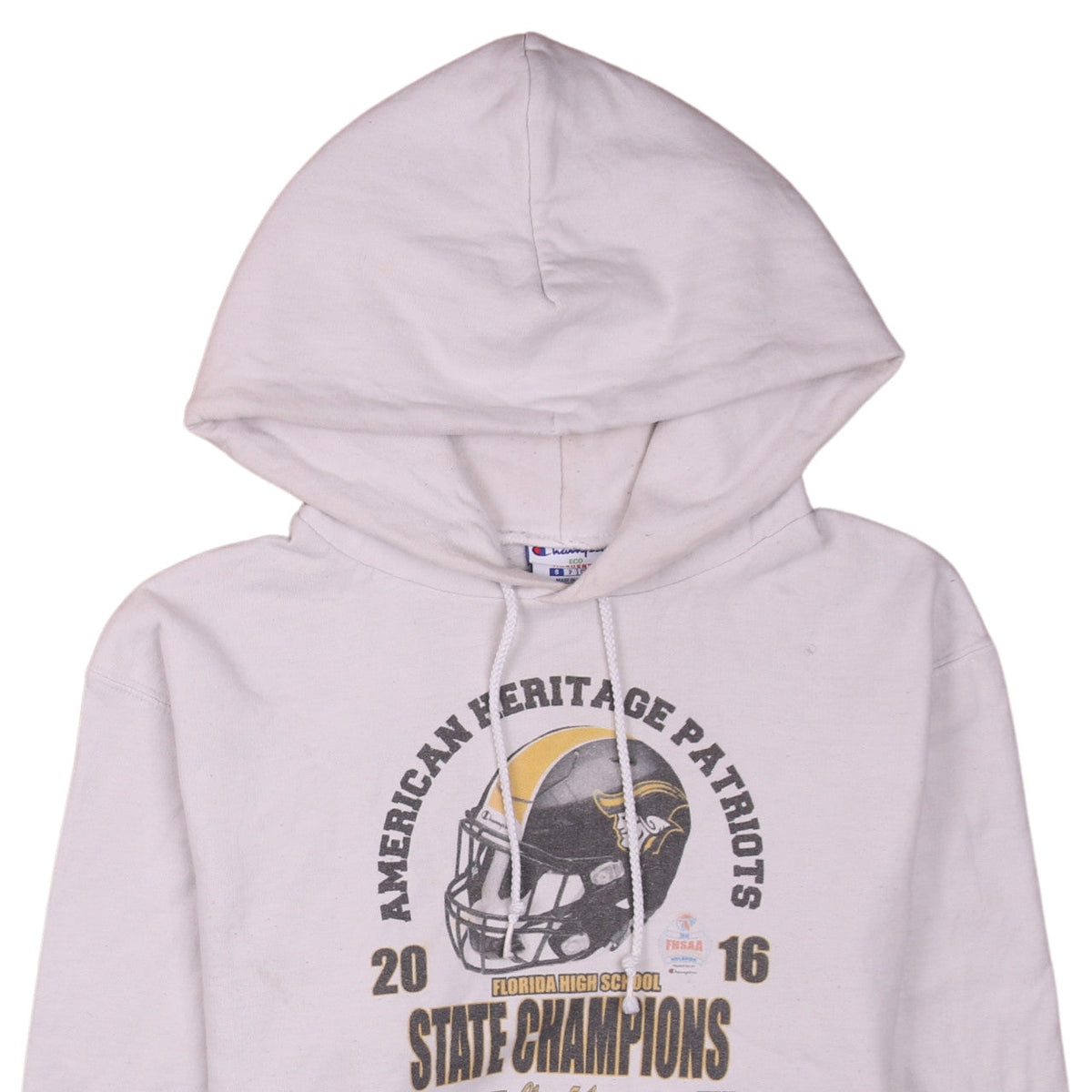 Brand and care label for Champion Men's White Pullover Hoodie Small American Heritage Patriots 2016