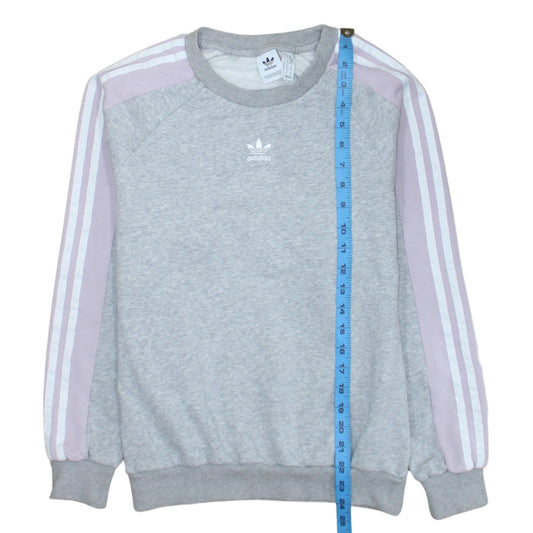 Adidas Women Grey & Lilac 3-Stripes Crew Neck Pullover Sweatshirt UK 6