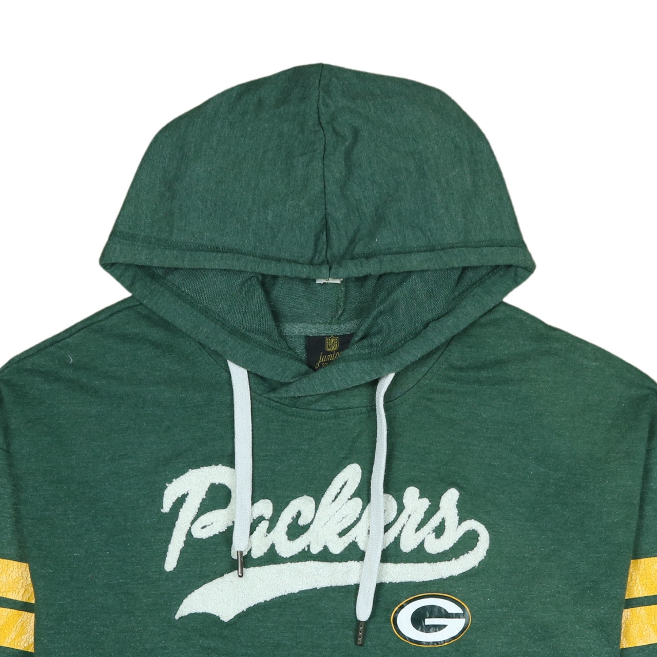Brand and care label for NFL Green Bay Packers unisex green pullover hoodie, size L
