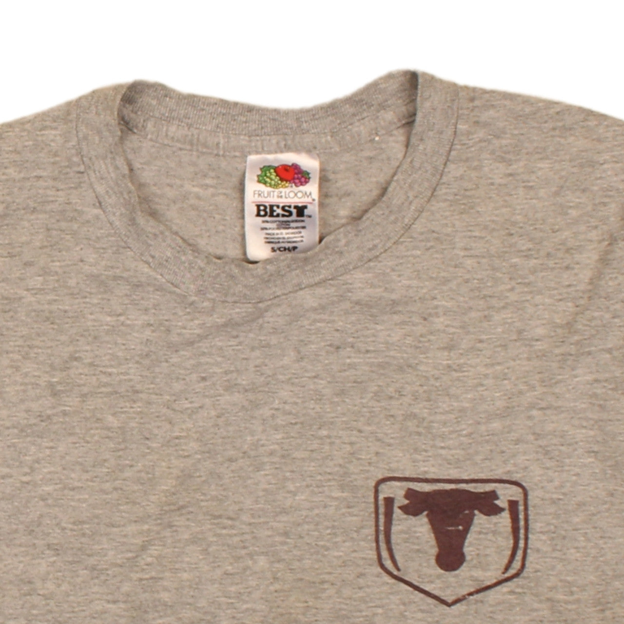 Brand and care label for Fruit of the Loom Men's Grey Short Sleeve Graphic T-Shirt, size S