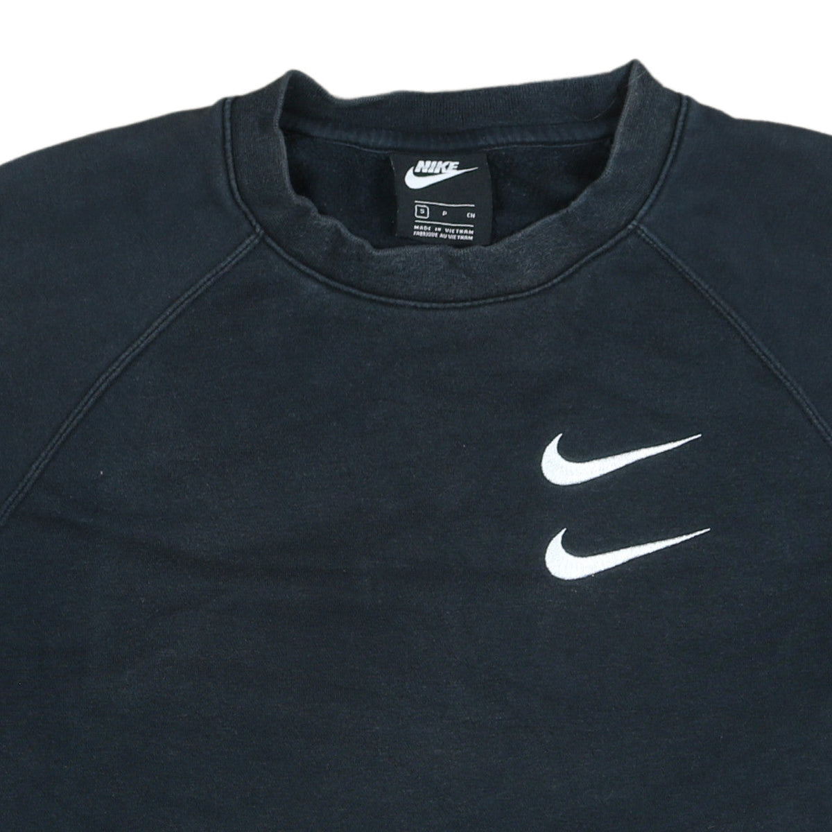 Brand and care label for Nike Men's Black Swoosh Logo Crew Neck Sweatshirt, size S