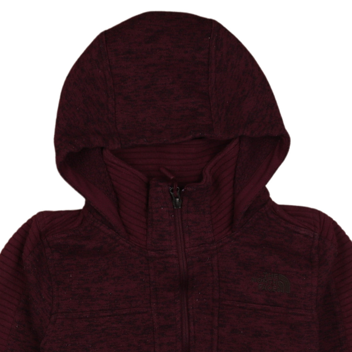 Brand and care label for The North Face women’s burgundy full zip hoodie, size S, fleece lined outdoor