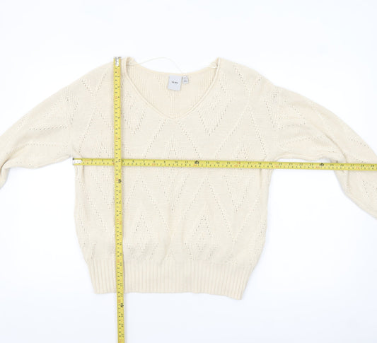 ICHI Women Ivory V-Neck Knit Pullover Jumper XS