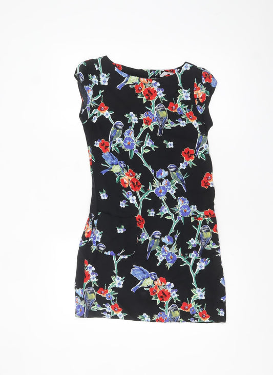 Additional front view of Red Herring Women's Black Floral Bird Shift Dress, size 8