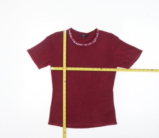 Debenhams Women Red Sequin Crew Neck Short Sleeve Jumper Size 10
