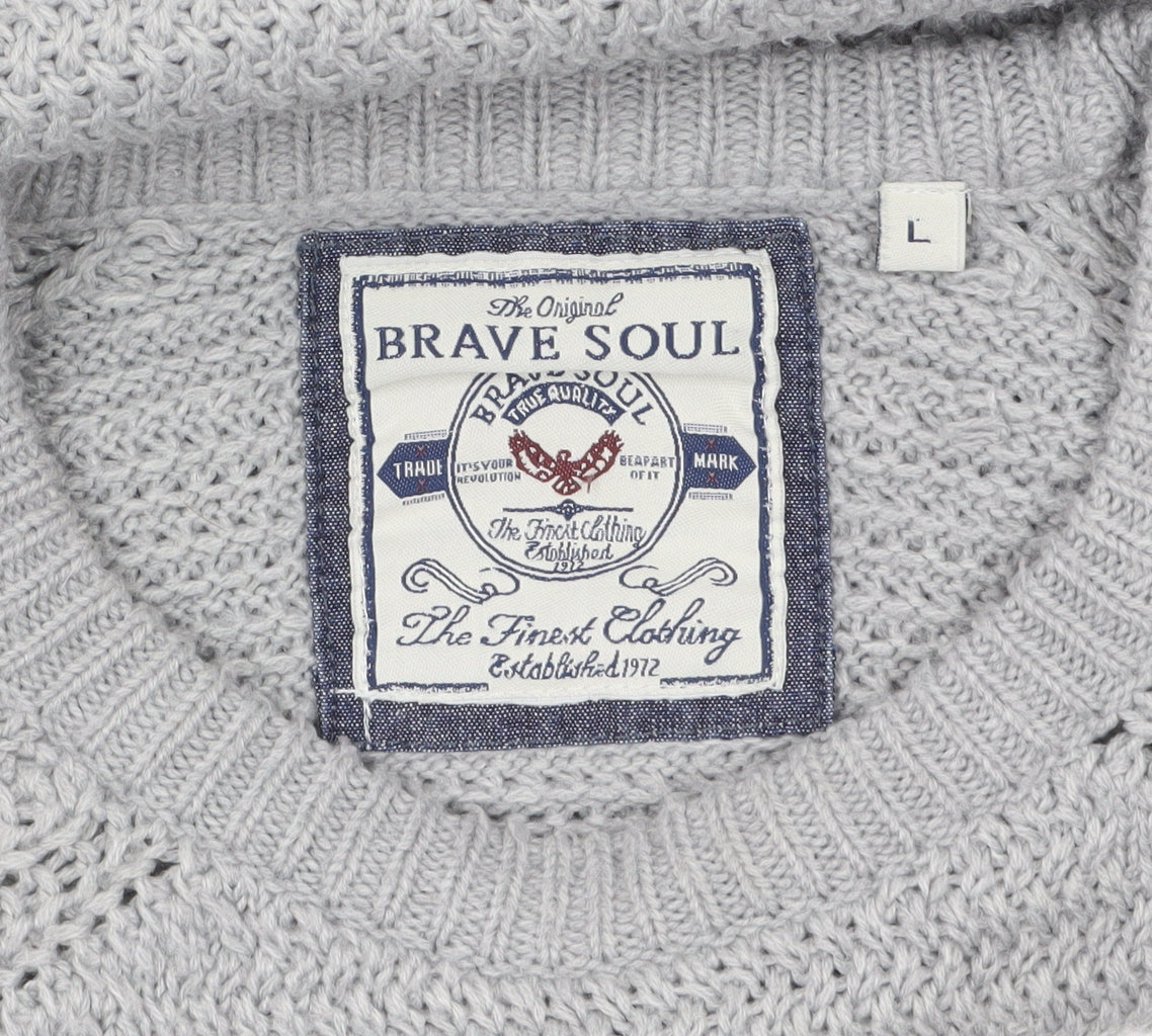 Additional view of Brave Soul Men's Grey Chunky Knit Crew Neck Jumper, size L