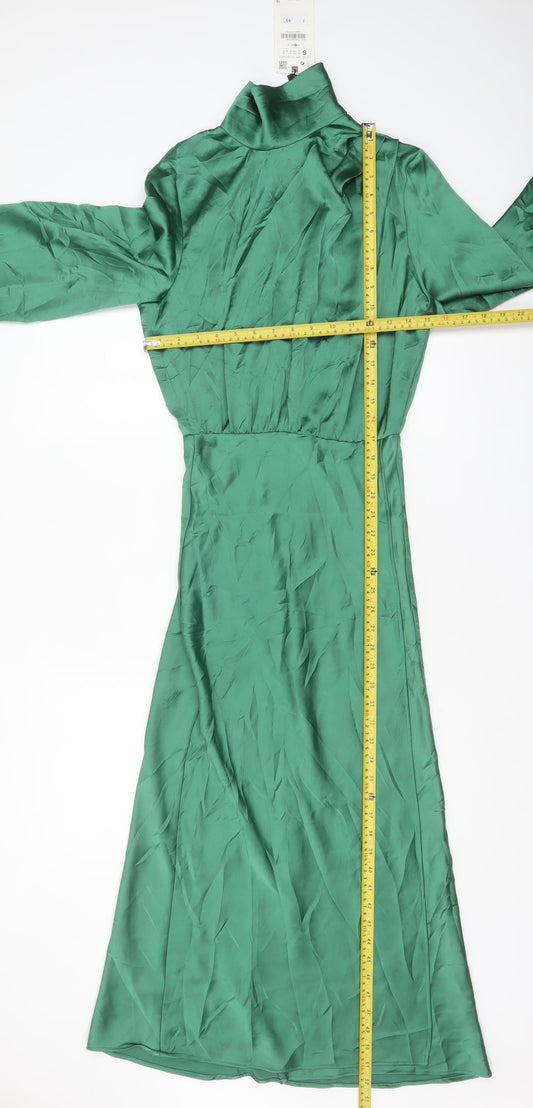 Zara Women’s Green Satin Fit & Flare Midi Dress Size 8 Long Sleeve High Neck