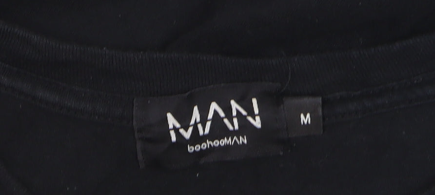 Brand and care label for boohooMAN Men's Black Graphic Smiley Logo Short Sleeve T-Shirt M