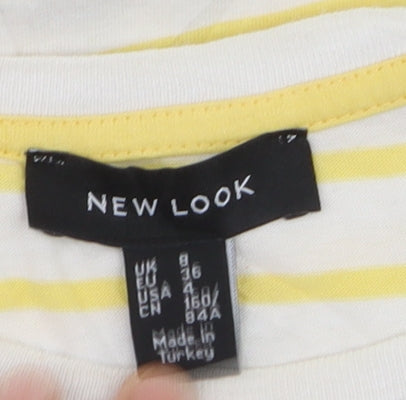 New Look Women's Yellow Striped Paris Print Cotton T-Shirt Size 8