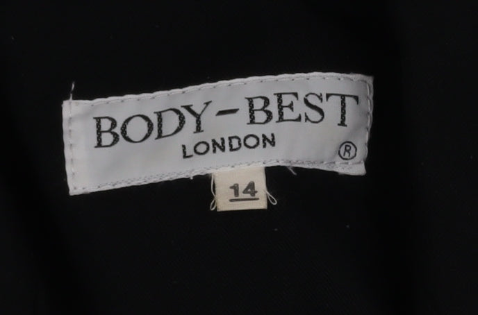 Brand and care label for Body-Best London Women's Black Double-Breasted Blazer, size 14