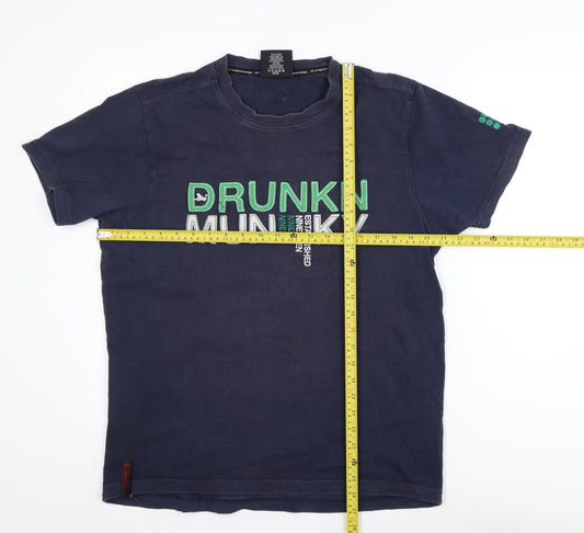 Drunknmunky Men's Navy Blue Crew Neck Cotton Graphic T-Shirt - Large