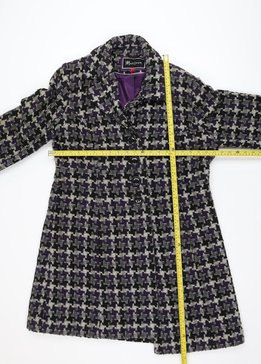 Monsoon Women’s Purple Wool Tweed Check Coat Size 18