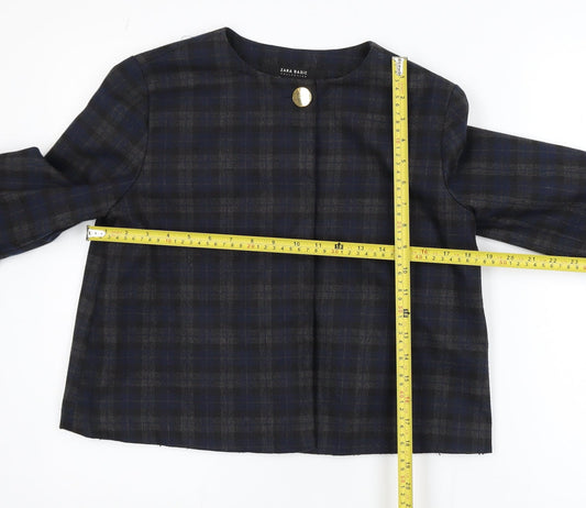 Zara Women Blue Check Short Blazer Size S Classic Button Jacket
