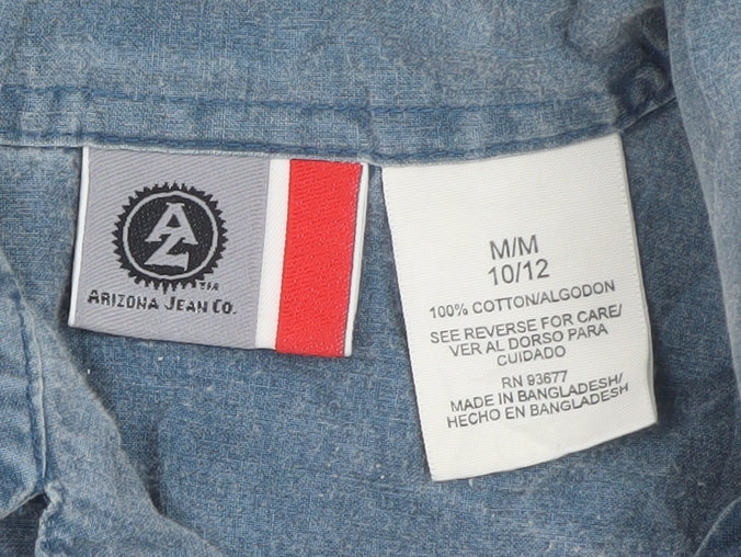 Brand and care label for Arizona Jean Co. Men's Blue Dragon Print Short Sleeve Button-Up Shirt M