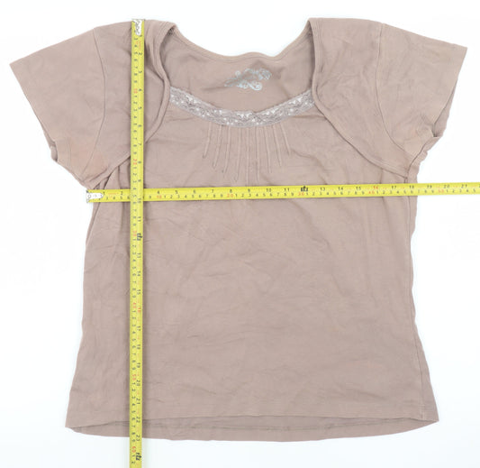 M&Co Women’s Brown XL Cotton Lace Trim Short Sleeve T-Shirt