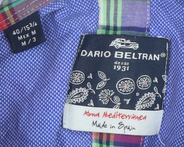 Brand and care label for Dario Beltran Men's Multicoloured Plaid Button-Down Short Sleeve Cotton Shirt M