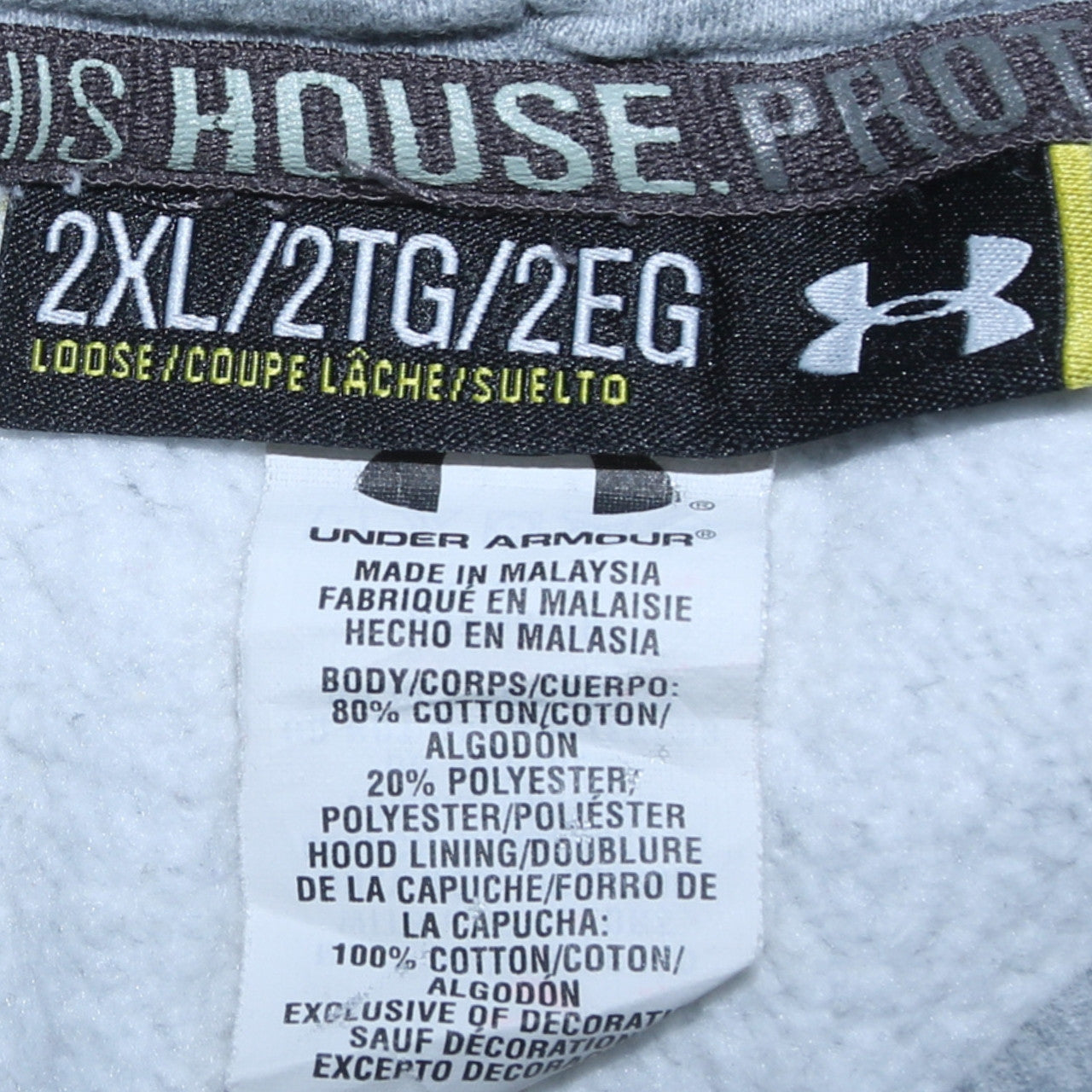 Brand and care label for Under Armour Men's Grey 2XL Pullover Hoodie Graphic Print Sportswear