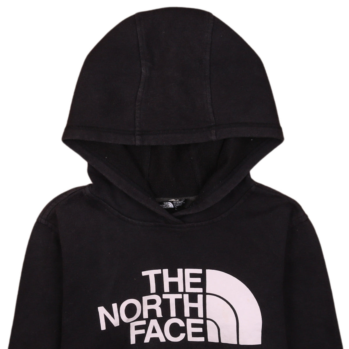 Brand and care label for The North Face boys’ black pullover hoodie m full logo casual sweatshirt