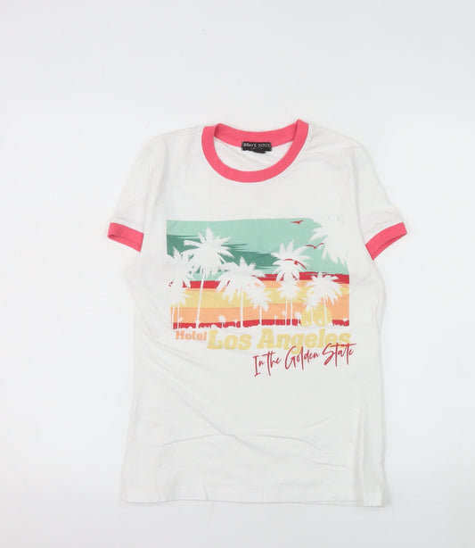 Brave Soul Womens White Ringer T-Shirt XS Beach Print Summer Top
