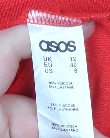 ASOS Women Red Fit & Flare Viscose Dress Size 12 Short Sleeve