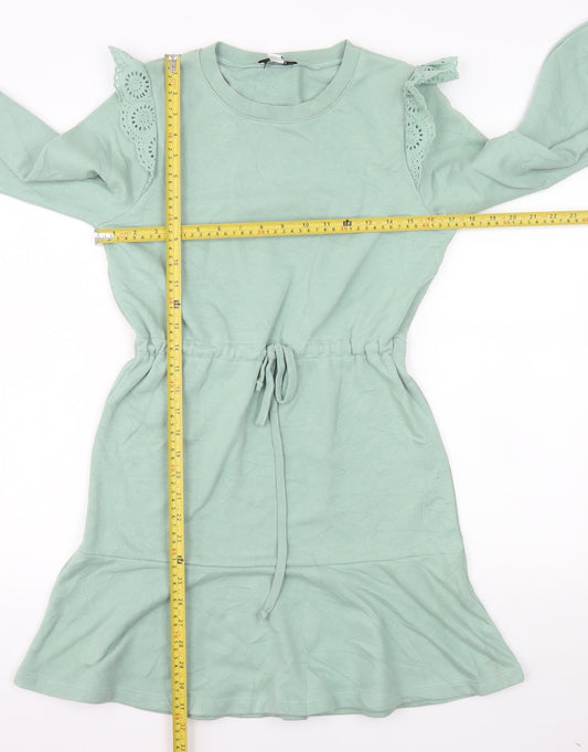 Topshop Women's Green Fit & Flare Long Sleeve Short Dress Size 4