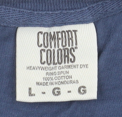Brand and care label for Comfort Colors Men's Blue Long Sleeve 'Housefly Fishing' Relaxed Fit Top, size L