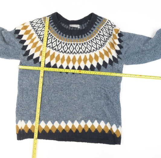 Fransa Men's Blue Fair Isle Knit Wool Blend Pullover Jumper M