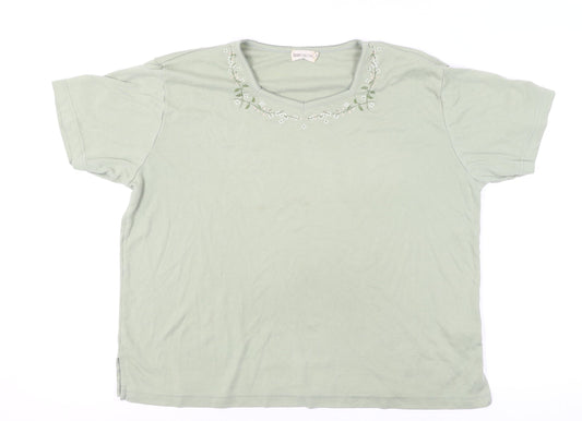 Bonmarché Women’s Green Embroidered V-Neck Cotton T-Shirt Size L