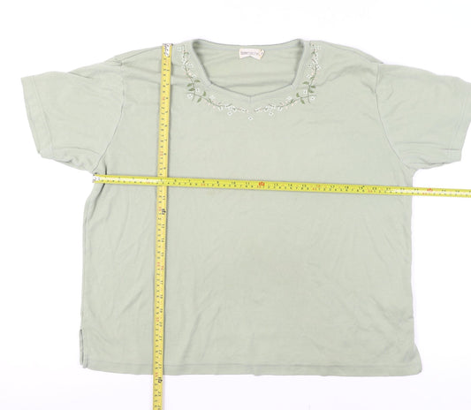 Bonmarché Women’s Green Embroidered V-Neck Cotton T-Shirt Size L