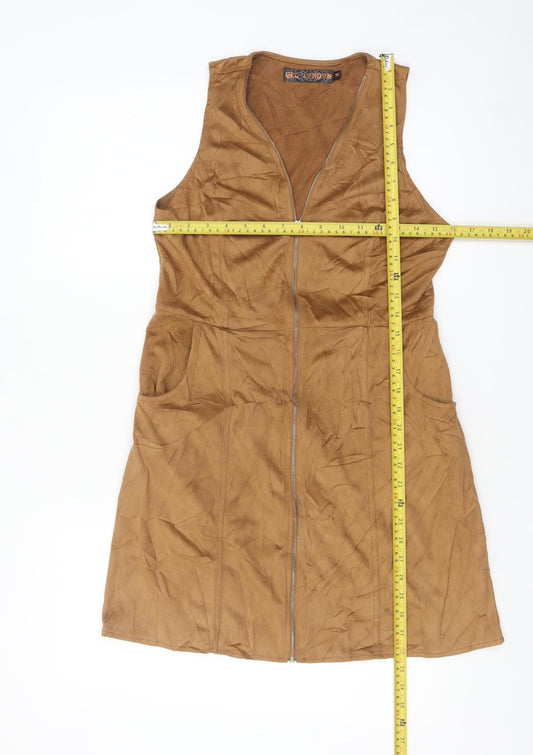 QED London Women's Brown Size 10 Suede Sleeveless Zip Pinafore Dress