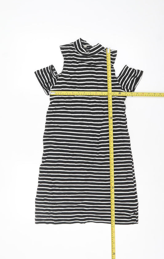 Miss Selfridge Women Black Striped Cold Shoulder Shift Dress Size 6