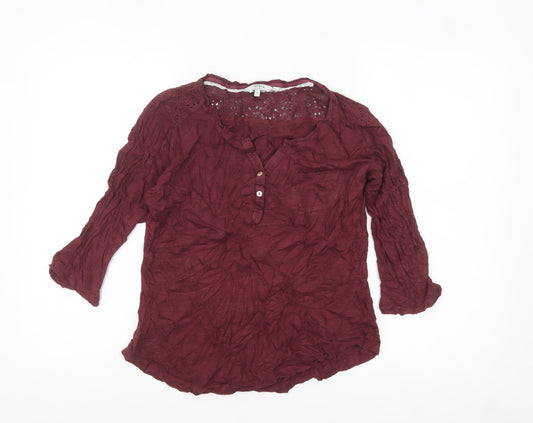 FatFace Women's Red Crochet Tunic Blouse Size 12 3/4 Sleeve Cotton Blend