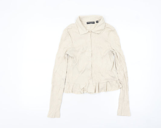 Brave Soul Women’s Beige Long Sleeve Button-Up Cotton Shirt Size L