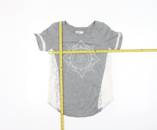 Hollister Women Grey Lace Panel Short Sleeve T-Shirt Size S