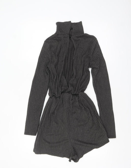 Missguided Women Grey Ribbed High Neck Long Sleeve Playsuit Size 8